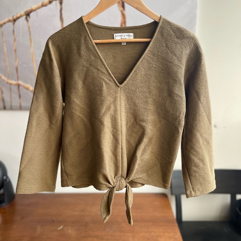 Madewell tie front top, olive green. Size S.